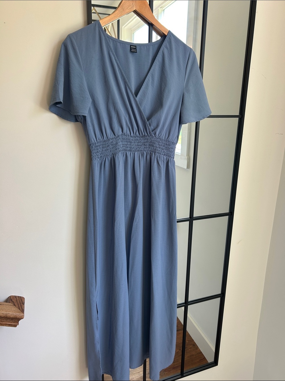 Baby Blue Smocked Waist V-Neck Midi Dress